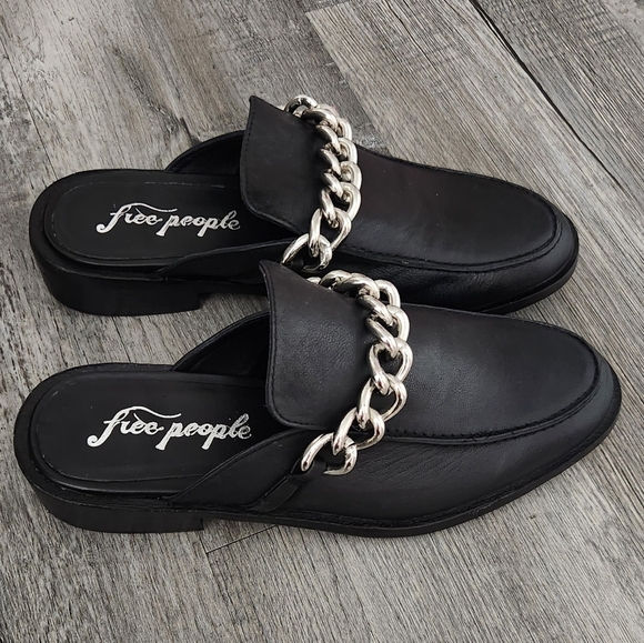 Free People‎ Vida Black Leather Silver Chain Mules - Picture 5 of 11